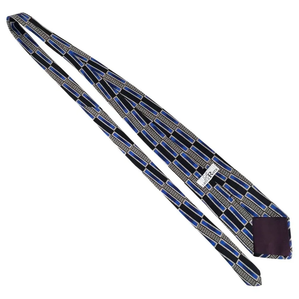 Louis Roth Mens Silk Tie Blue & Black Geometric Art Deco Pattern Hans Sewn Italy